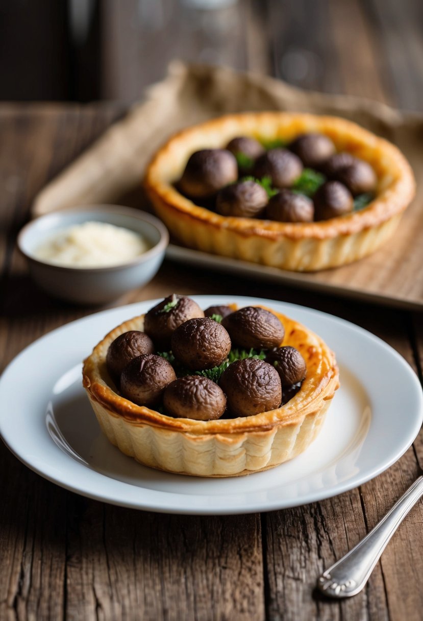 A golden-brown puff pastry tart filled with plump, puffed mushrooms, sitting on a rustic wooden table