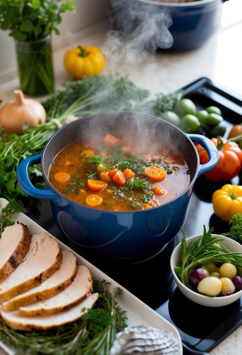 A steaming pot of spiced turkey tomato broth simmers on a stovetop, surrounded by fresh herbs, vegetables, and a platter of sliced turkey