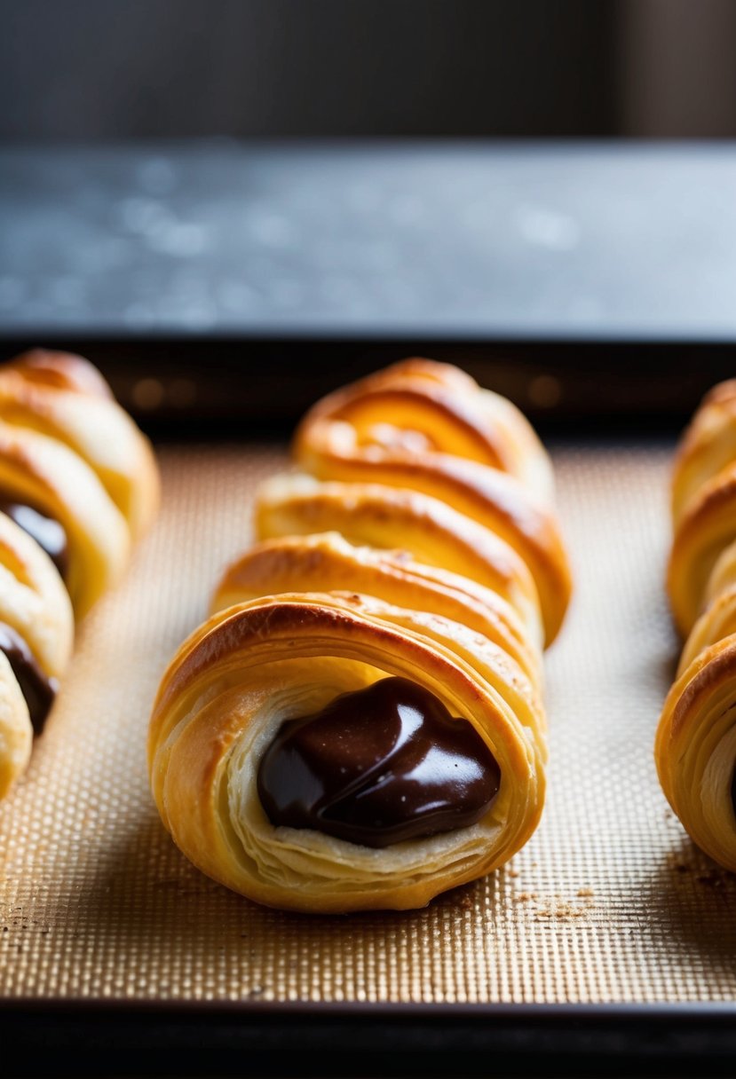 A golden-brown puff pastry twist with chocolate filling on a baking sheet