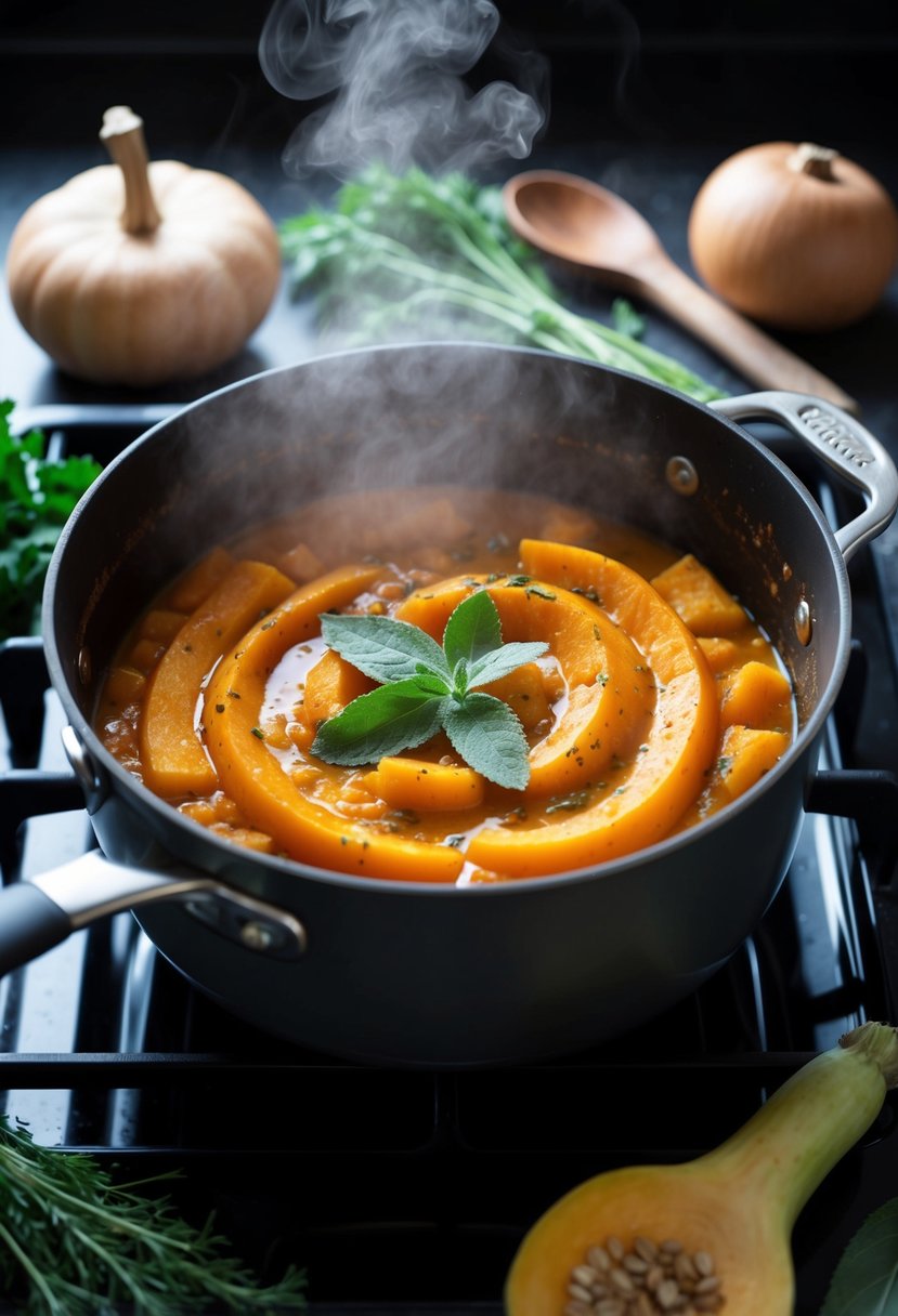 A steaming pot of butternut squash and sage sauce simmers on a stovetop, surrounded by fresh ingredients and herbs