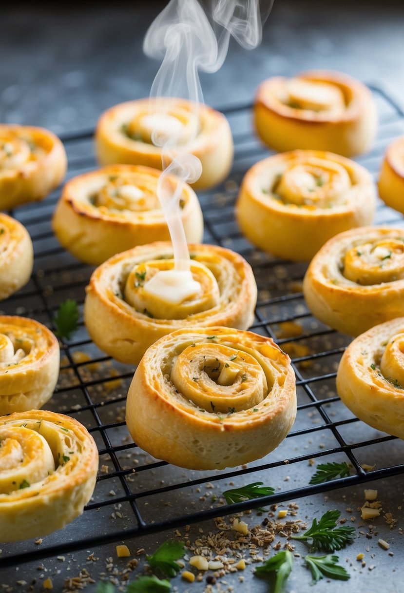 Golden-brown pinwheels cooling on a wire rack, steam rising. Cheese oozing from flaky layers, surrounded by scattered herbs and spices