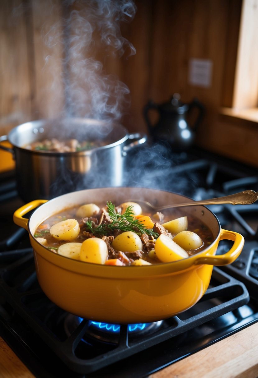 A steaming pot of rustic turkey potato stew simmering on a wood-burning stove in a cozy kitchen