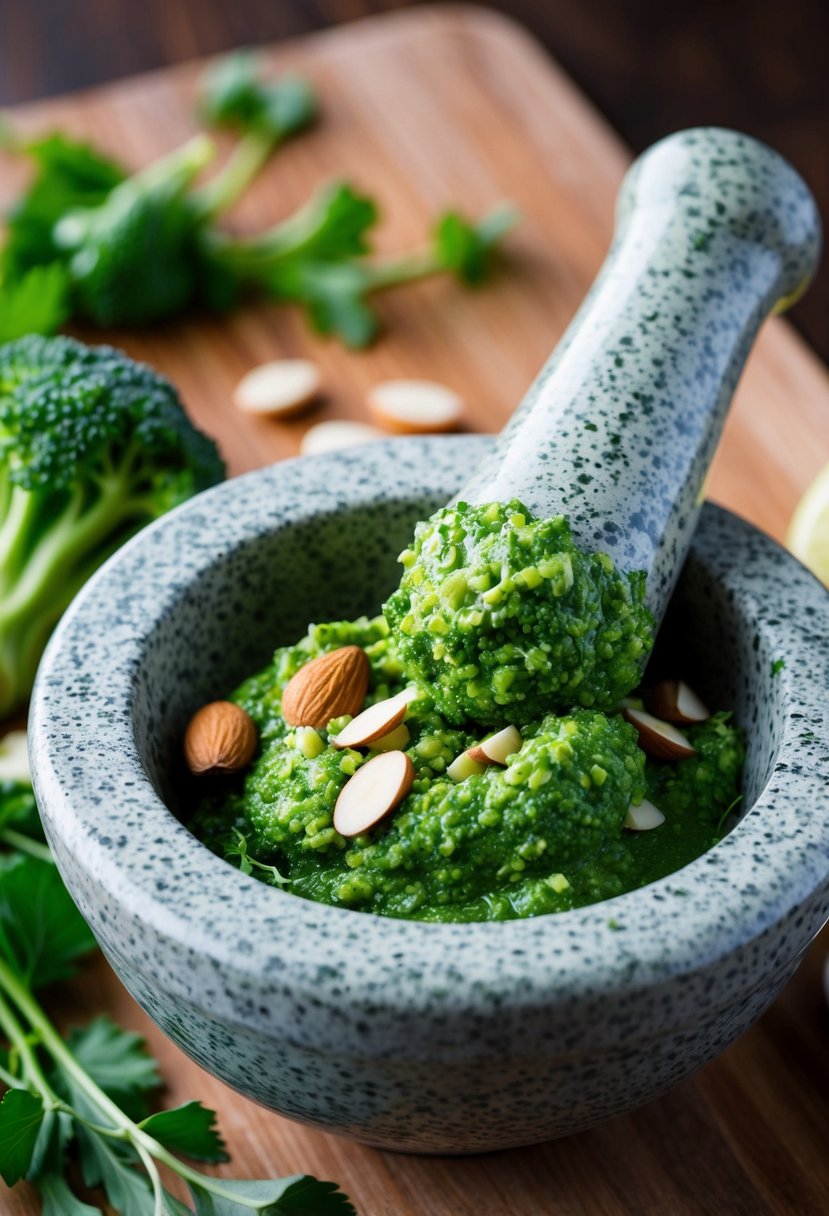 A mortar and pestle grinding together a mixture of broccoli, almonds, and herbs to create a vibrant green pesto sauce