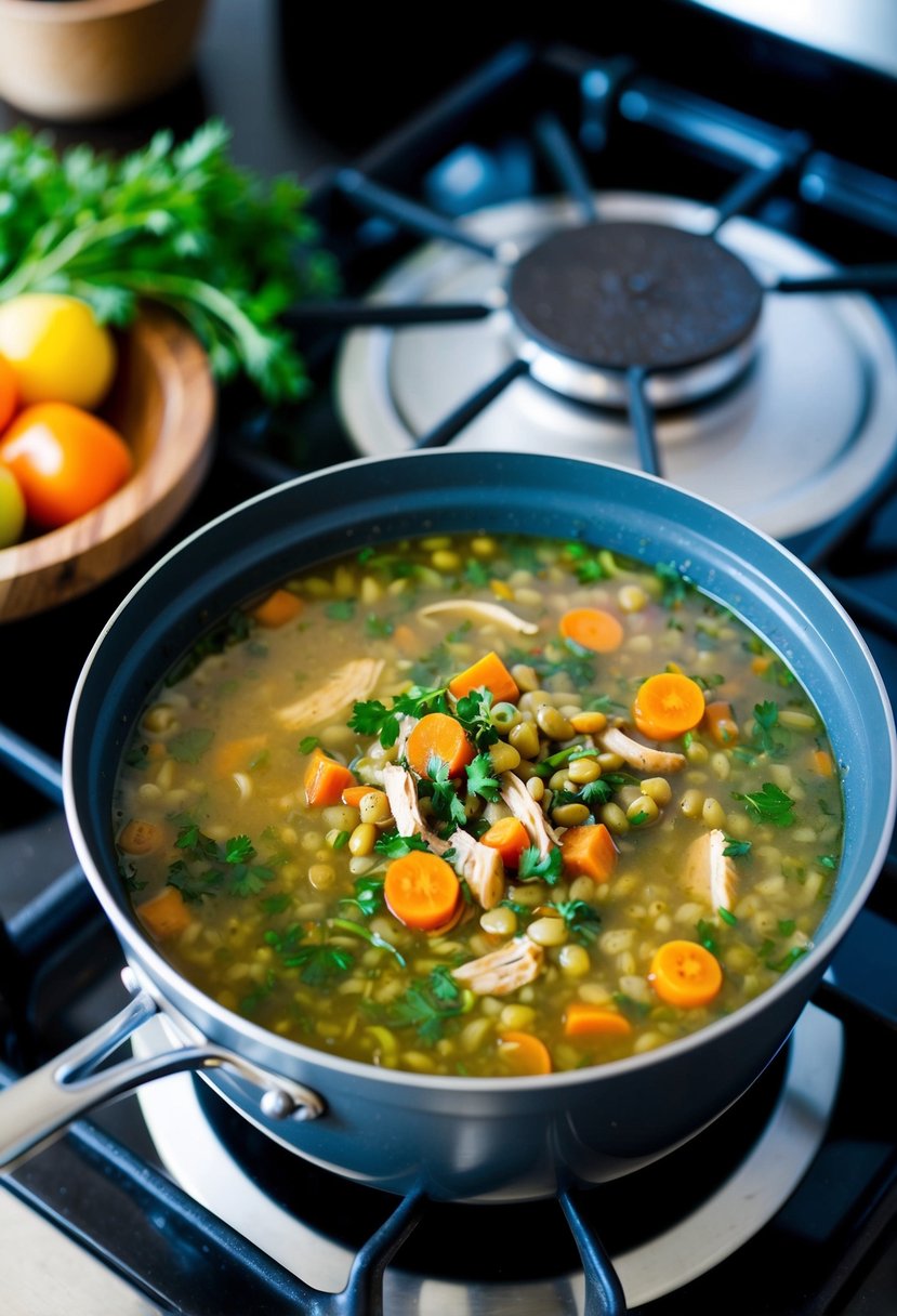 A pot of hearty turkey lentil soup simmers on a stove, filled with colorful vegetables and fragrant herbs