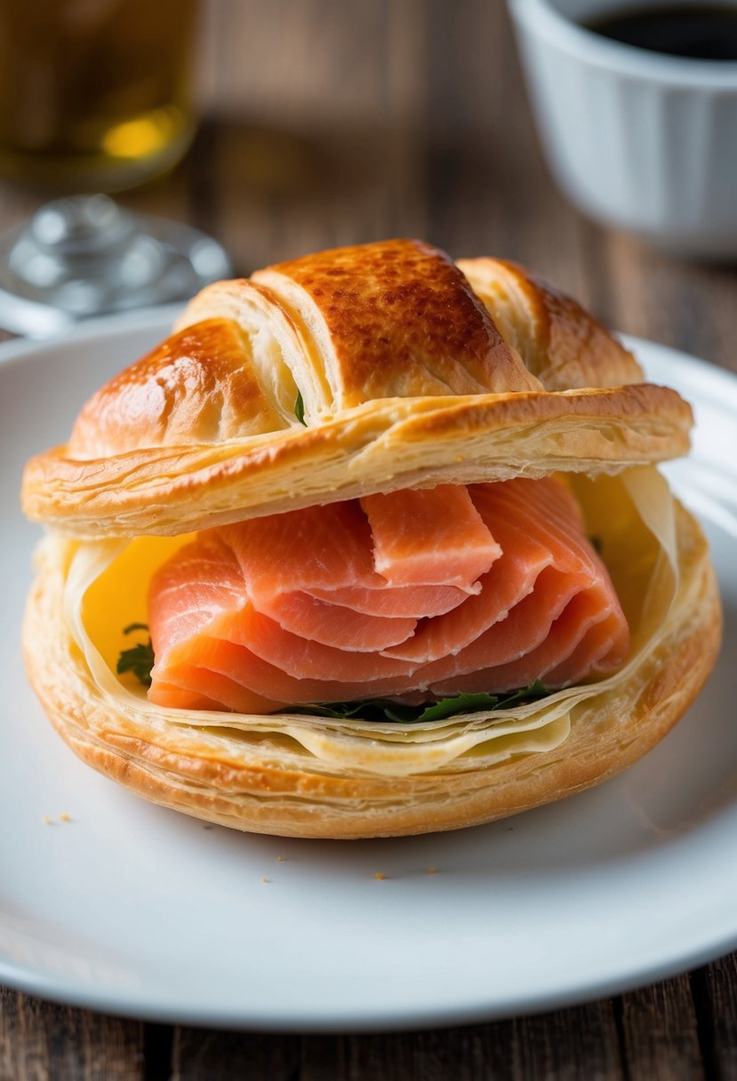 A golden-brown puff pastry encasing a succulent piece of salmon, flaky layers peeking through