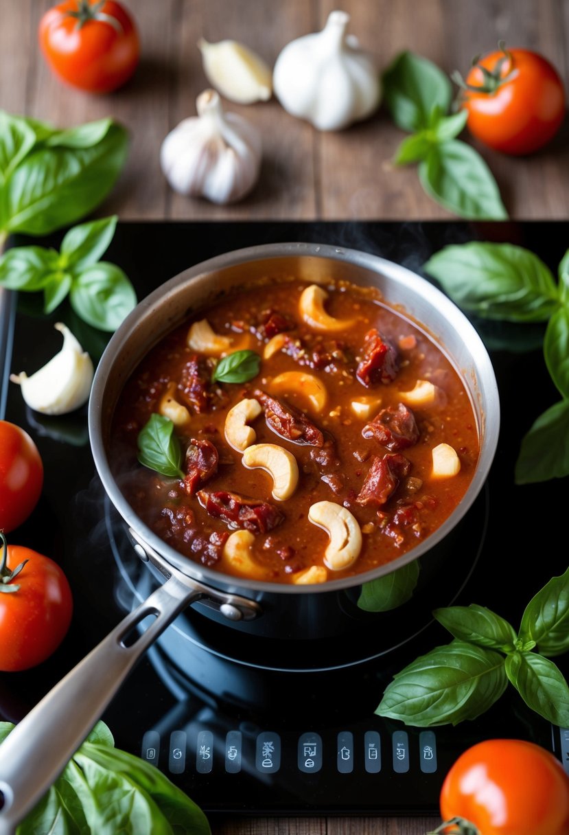 A pot of simmering cashew and sundried tomato sauce on a stovetop, surrounded by fresh basil, garlic, and whole tomatoes