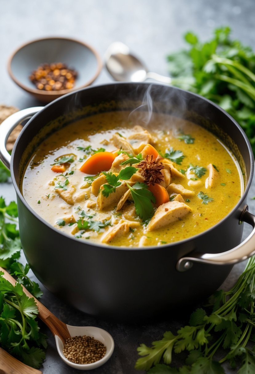 A steaming pot of coconut curry turkey soup surrounded by fresh herbs and spices