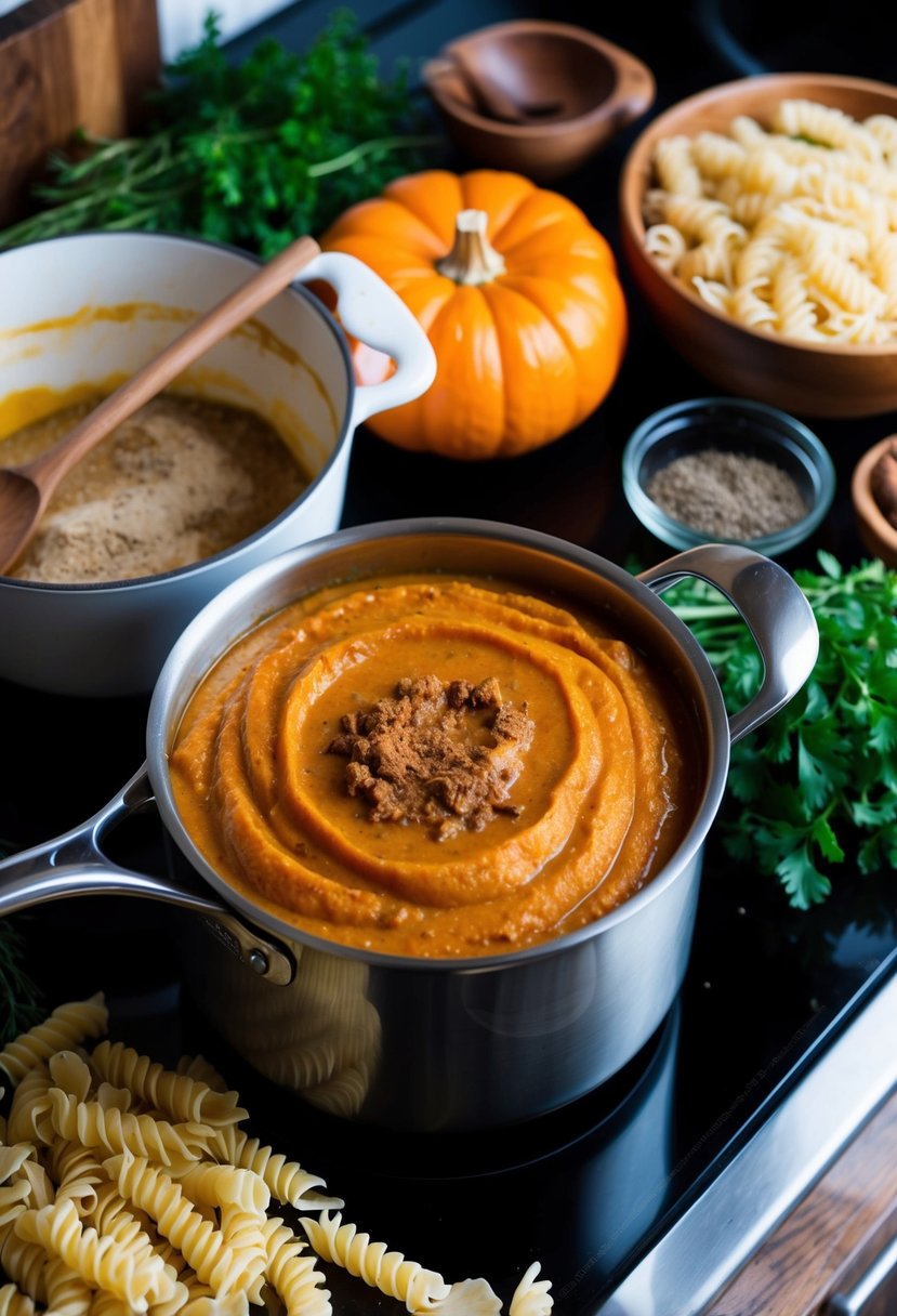 A pot of creamy pumpkin and cinnamon sauce simmers on a stove, surrounded by fresh herbs, spices, and a pile of uncooked pasta