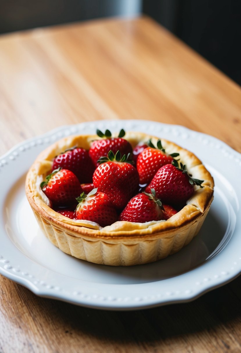 A golden-brown puff pastry tart filled with fresh strawberries and topped with a glaze, sitting on a white porcelain plate