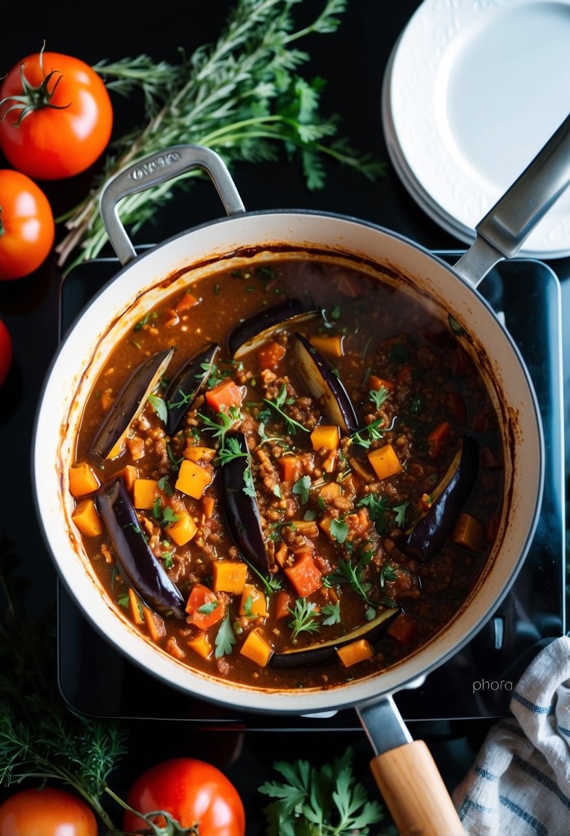 A bubbling pot of eggplant and red wine ragu simmers on the stove, surrounded by fresh herbs and ripe tomatoes