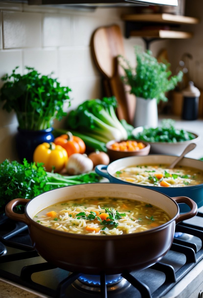 A rustic kitchen with fresh vegetables, herbs, and a pot of simmering orzo turkey soup on a stovetop