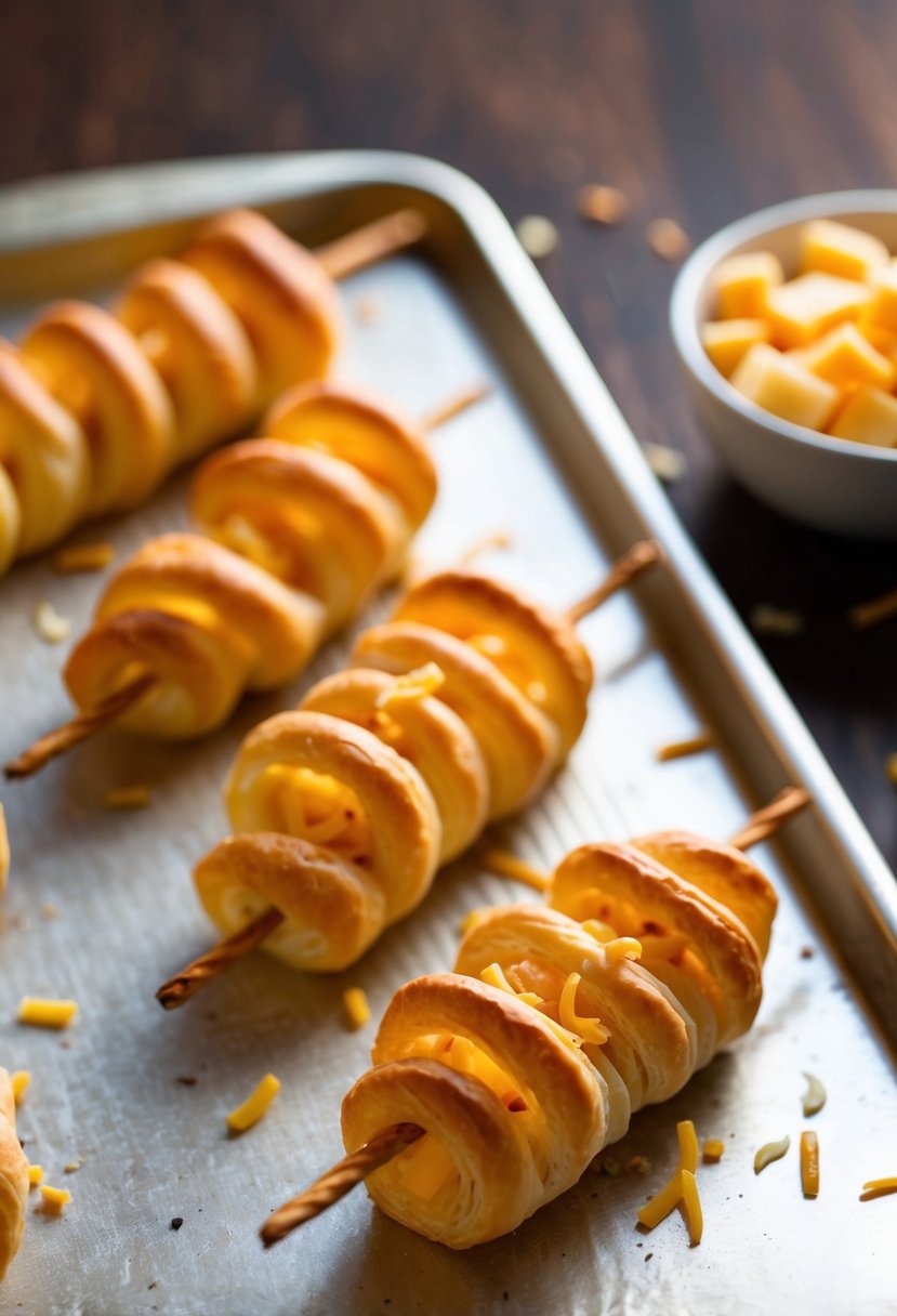 Golden-brown puff pastry cheese straws on a baking sheet