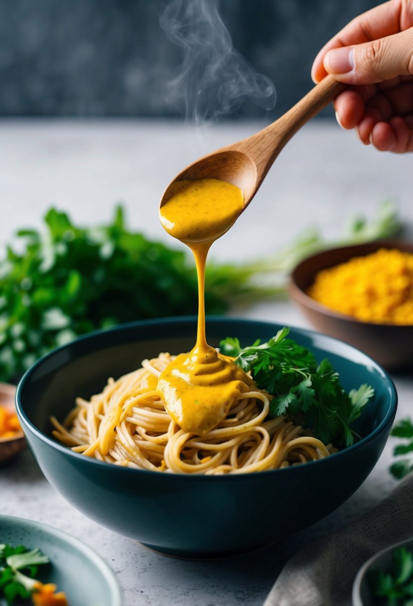 A wooden spoon drizzles vibrant turmeric tahini sauce over a bowl of steaming noodles, surrounded by fresh herbs and colorful vegetables