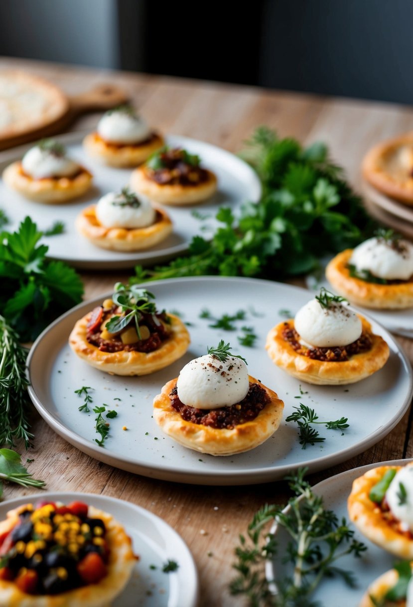 A table set with mini puff pastry pizzas, topped with various ingredients, surrounded by fresh herbs and spices