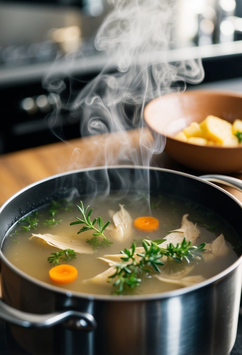 A simmering pot of turkey broth with sprigs of fresh herbs floating on the surface, steam rising and filling the kitchen with a savory aroma