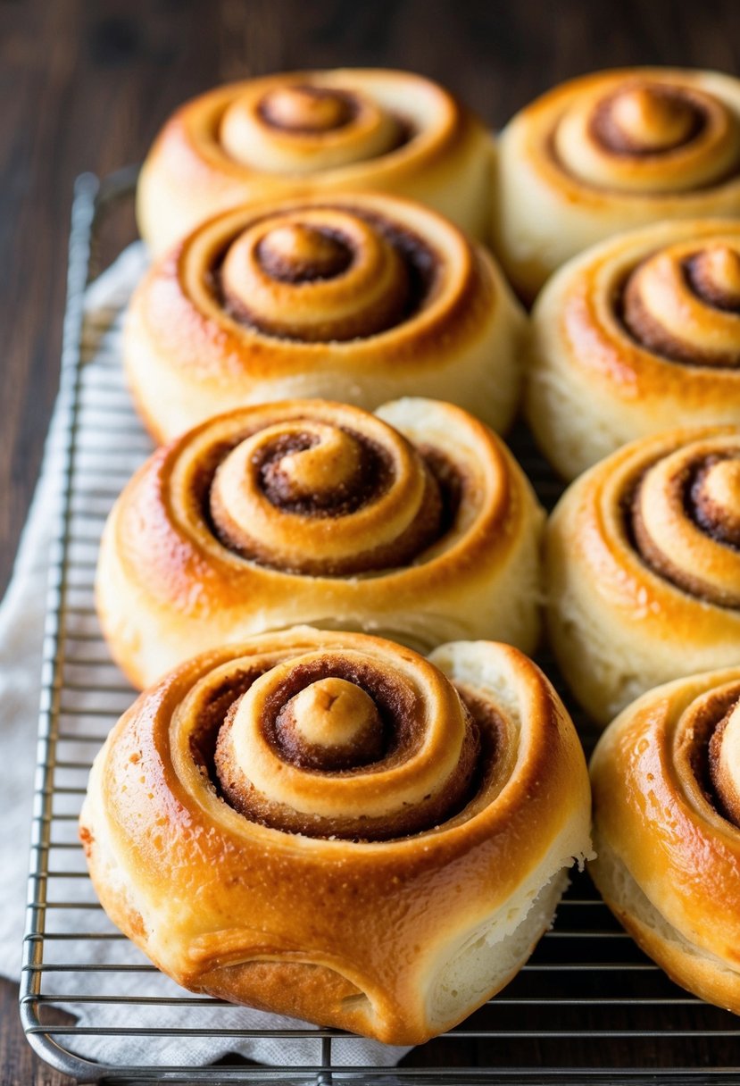 A golden tray of freshly baked puff pastry cinnamon rolls cooling on a wire rack. A sprinkle of cinnamon sugar glistens on the flaky, buttery layers