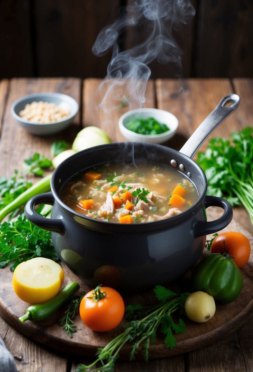 A steaming pot of turkey barley soup surrounded by fresh vegetables and herbs on a rustic wooden table