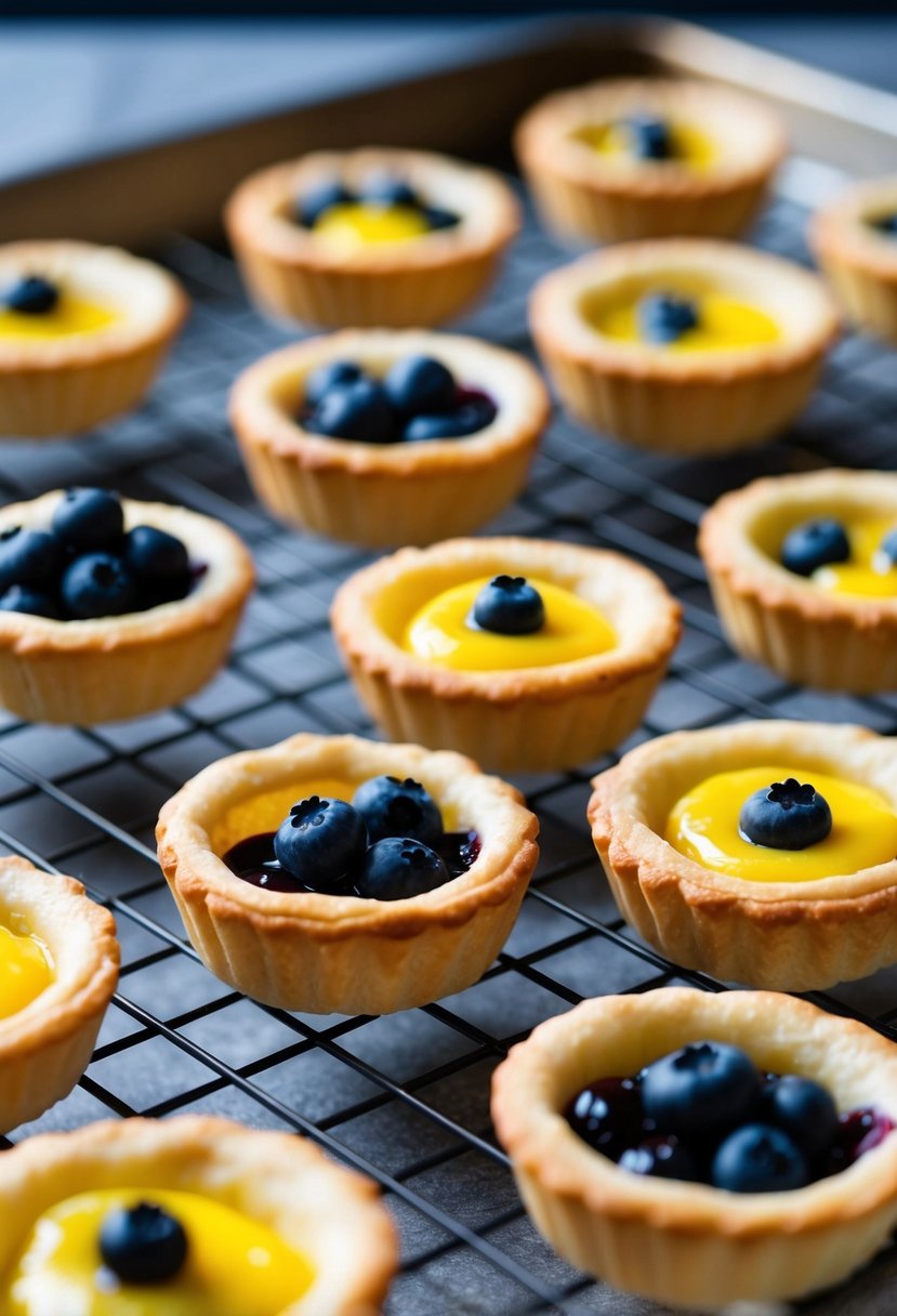 A tray of golden-brown puff pastry tartlets, filled with vibrant blueberry and lemon curd, cooling on a wire rack