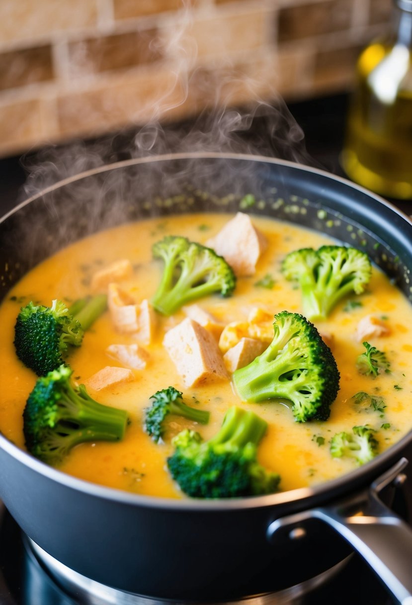 A steaming pot of cheesy turkey broccoli soup simmers on a stovetop, with chunks of tender turkey and vibrant green broccoli floating in a creamy, golden broth