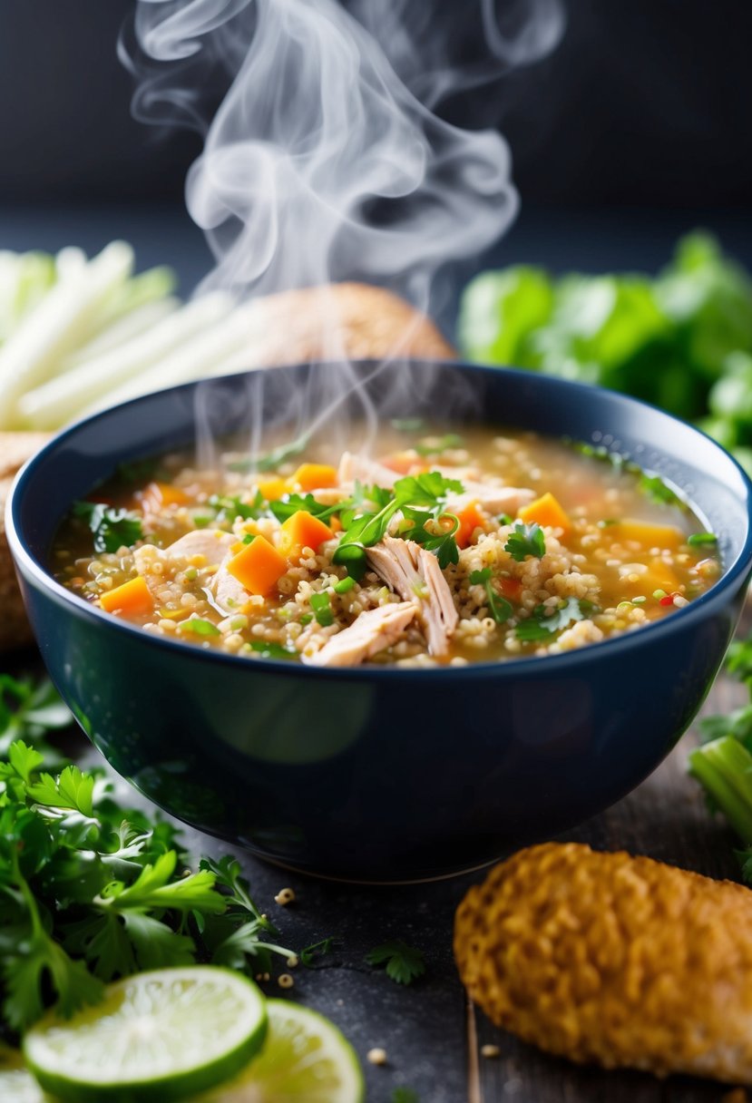 A steaming bowl filled with hearty turkey quinoa soup, surrounded by fresh ingredients like chopped vegetables and herbs