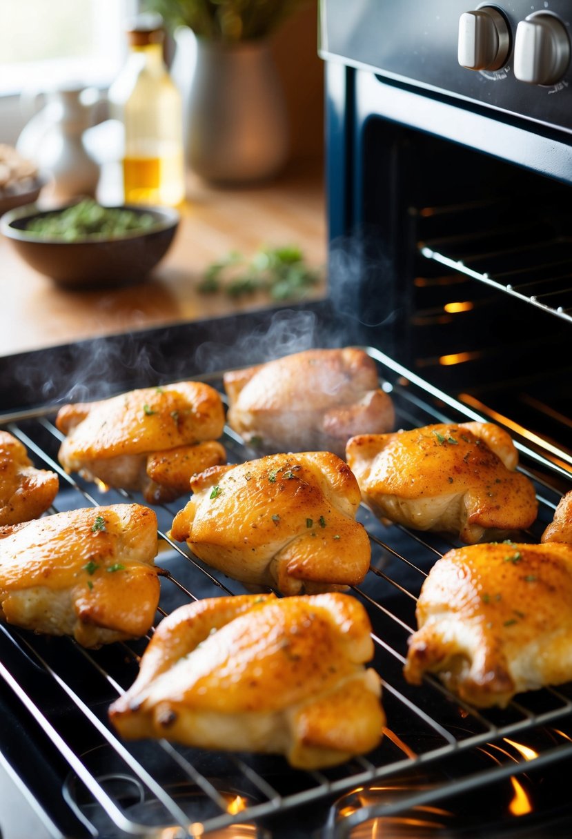 Golden brown chicken pieces baking in the oven on a wire rack, surrounded by sizzling hot oil and aromatic herbs