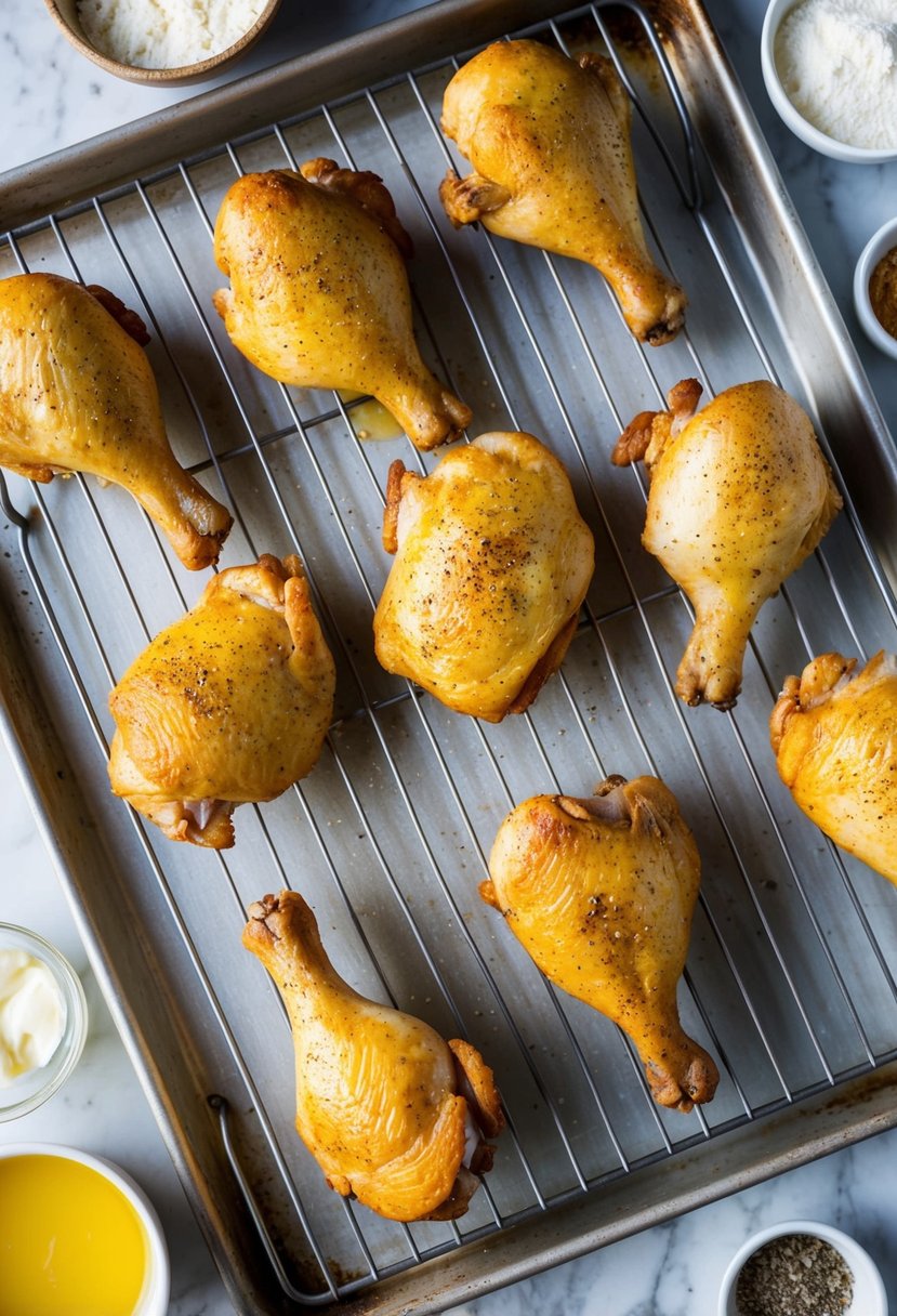 Golden chicken pieces on a wire rack above a baking sheet, surrounded by buttermilk, flour, and seasoning ingredients