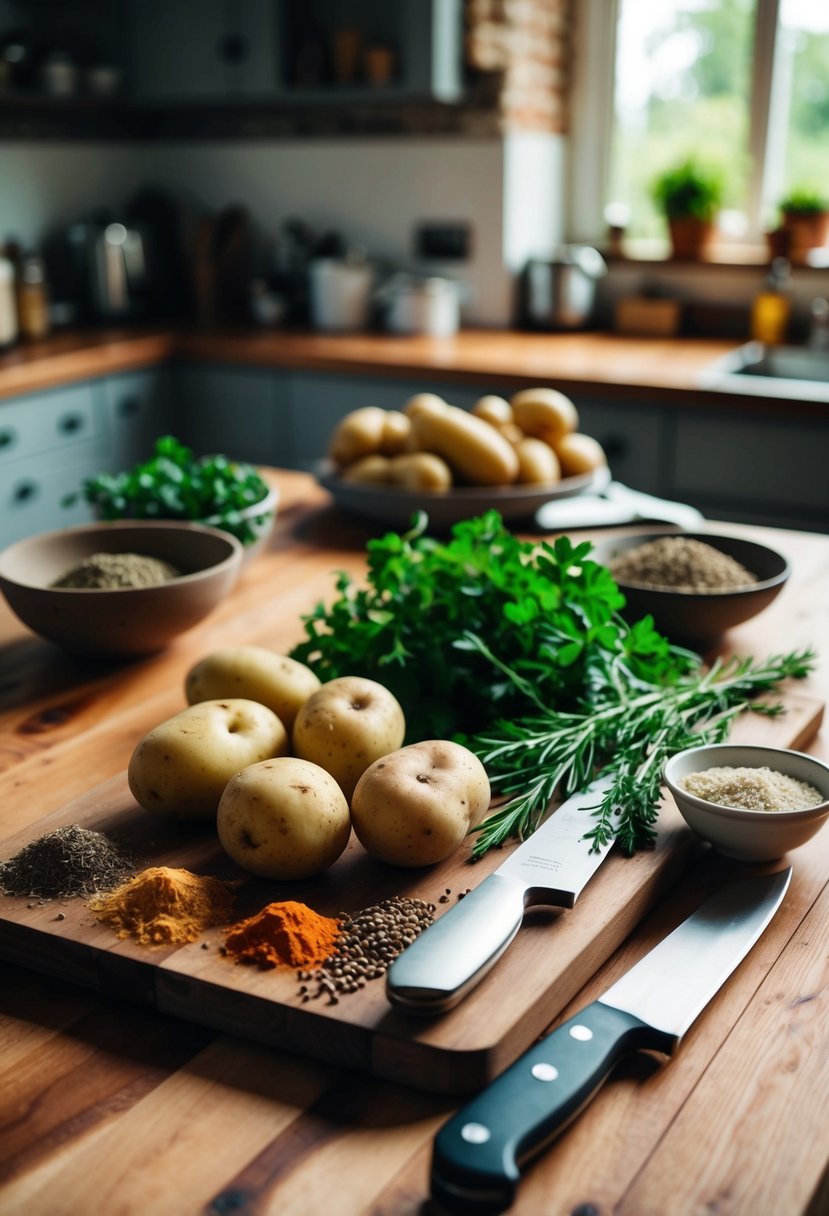 A rustic kitchen with fresh potatoes, a cutting board, knife, and various herbs and spices laid out on a wooden countertop