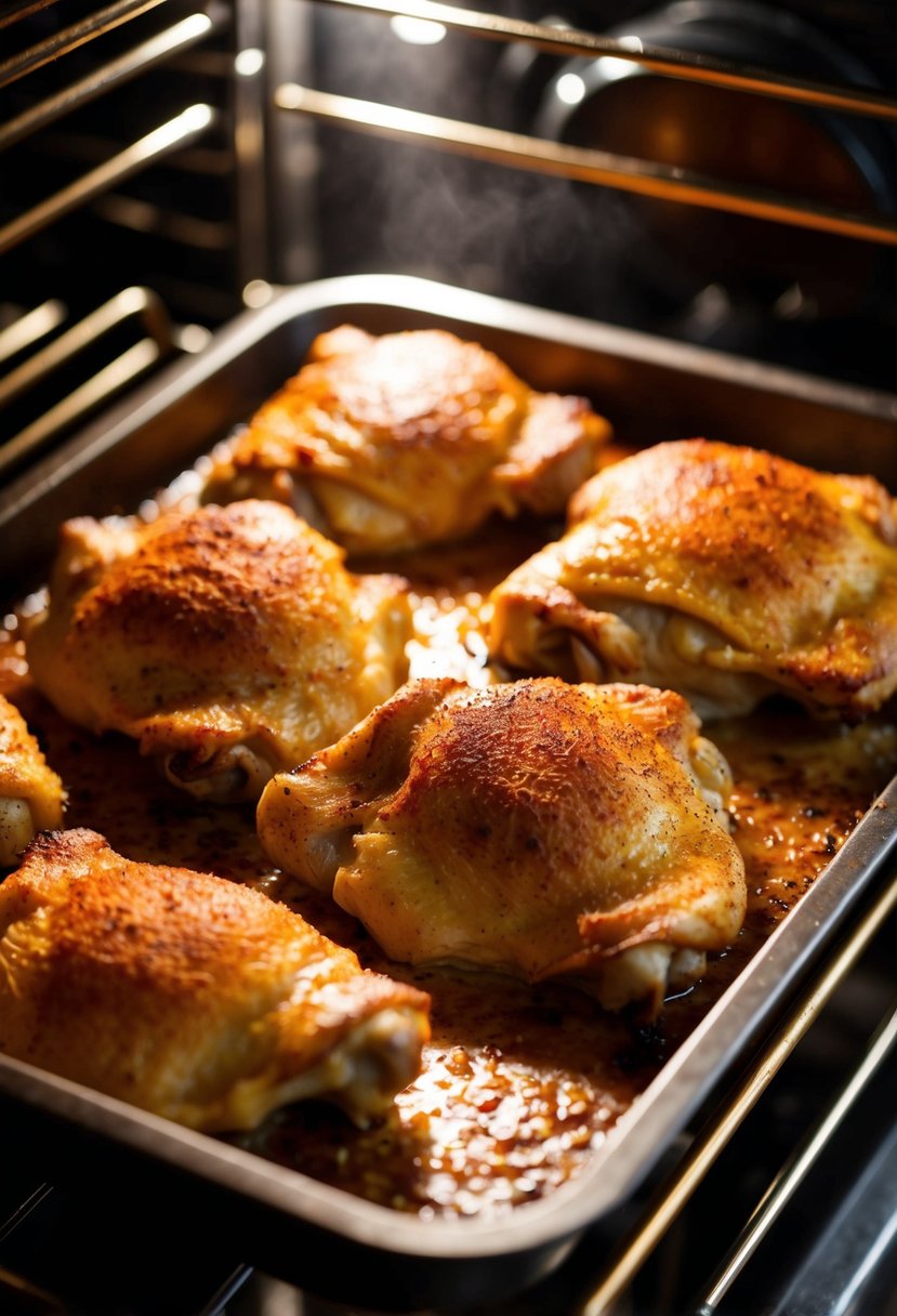 Golden-brown chicken thighs sizzling in a paprika-spiced coating in a hot oven