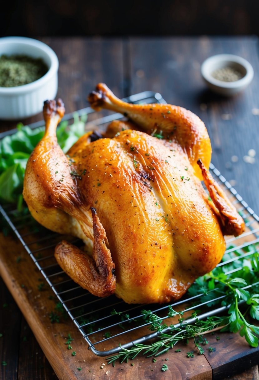 A golden-brown, crispy-skinned baked chicken sits on a wire rack, surrounded by a variety of fresh herbs and spices. The chicken is placed on a rustic wooden cutting board