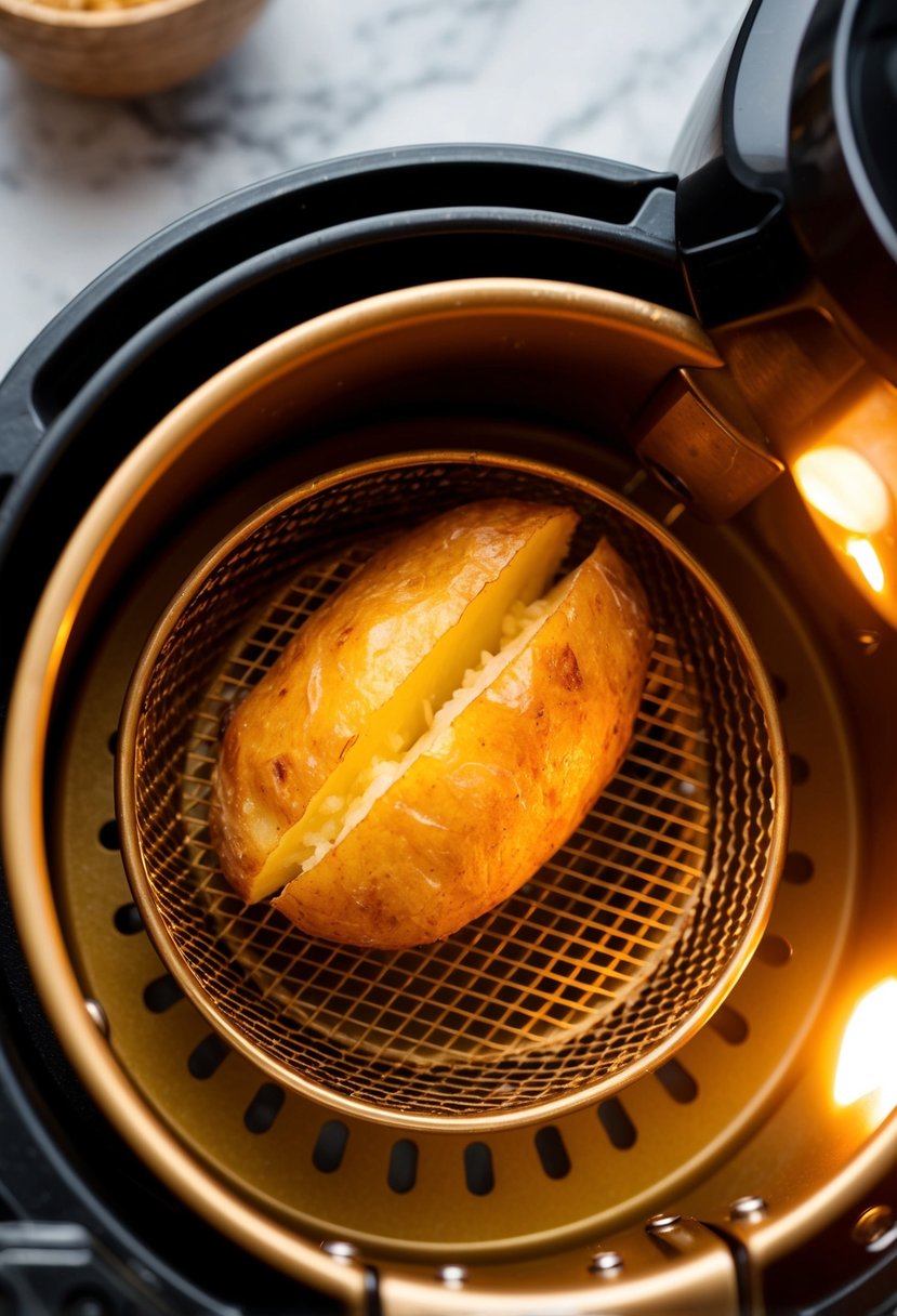 A golden, crispy potato Kyiv sits in an air fryer basket, surrounded by the warm glow of the appliance