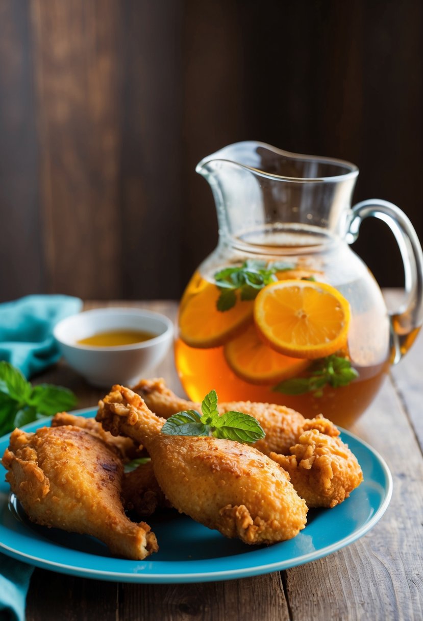 A glass pitcher of sweet tea marinade sits next to a platter of golden brown oven-fried chicken. A sprig of fresh mint garnishes the pitcher