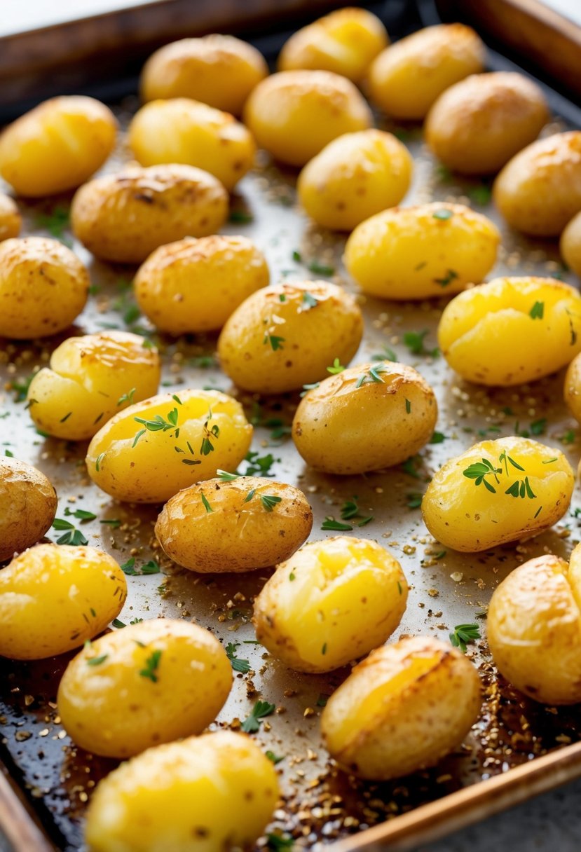 A baking sheet of golden, crispy baby potatoes fresh out of the oven, sprinkled with herbs and ready to be served