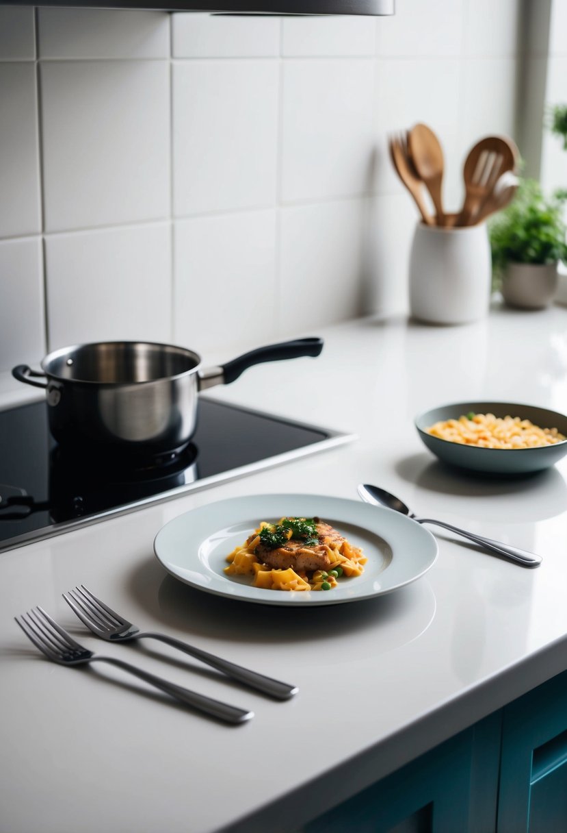 A single plate with a portioned meal, a small pot on the stove, and a single set of utensils on a clean kitchen counter