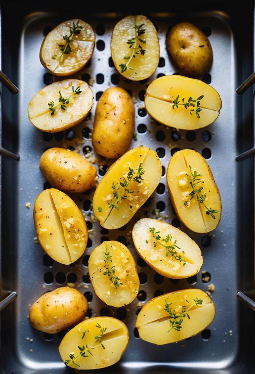 Golden potatoes, halved and seasoned with garlic and thyme, sizzling in a hot oven