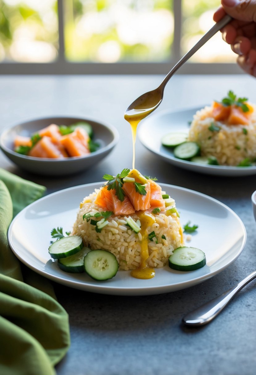 A single serving of crispy rice salmon cucumber salad on a plate with fresh ingredients and a drizzle of dressing