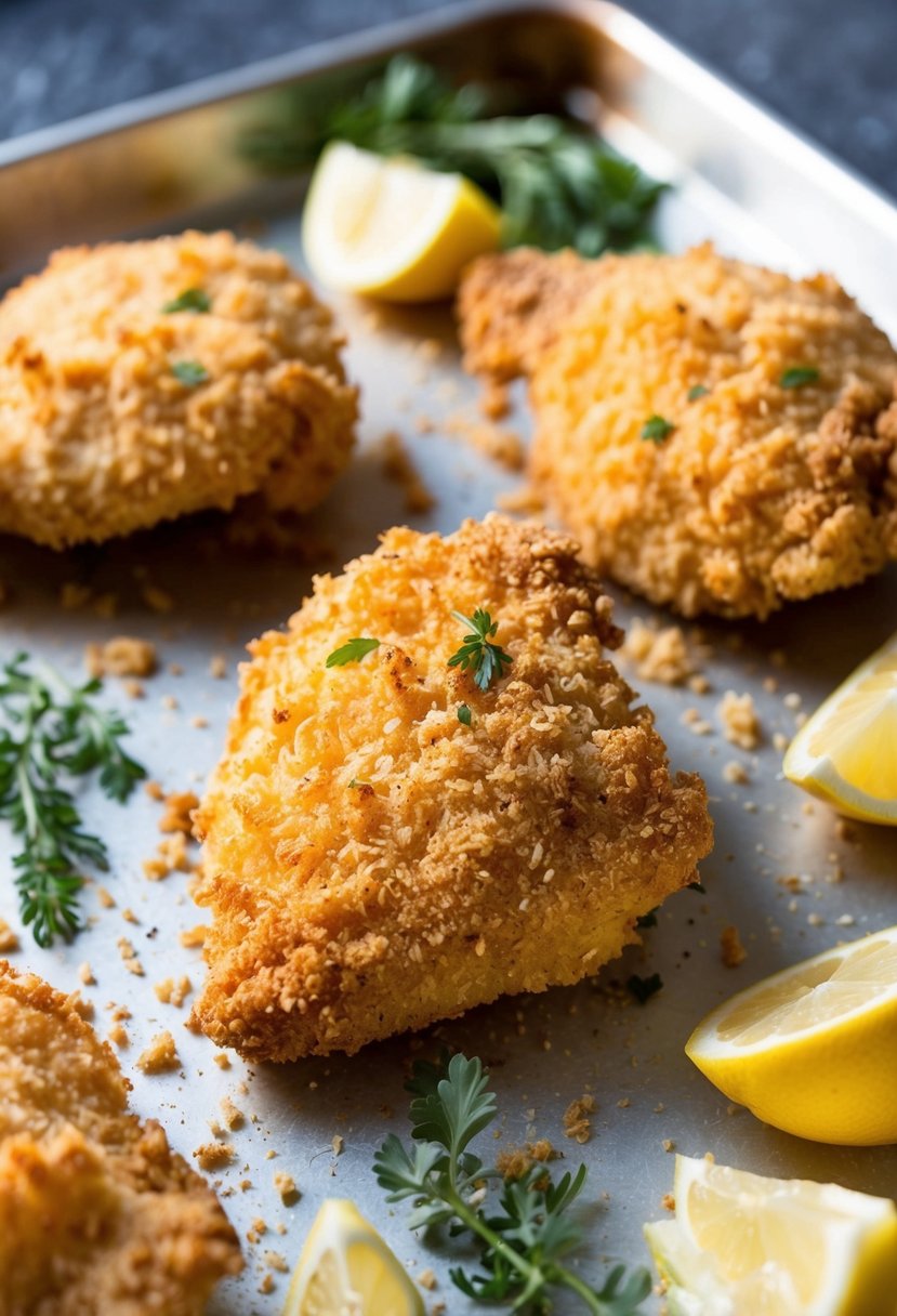 Golden-brown oven-fried chicken on a baking sheet, coated in crispy panko crust, surrounded by fresh herbs and lemon wedges