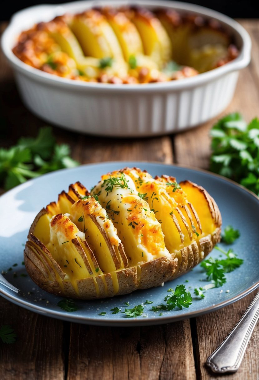 A golden-brown Hasselback potato bake, adorned with melted cheese and sprinkled with fresh herbs, sits on a rustic wooden table