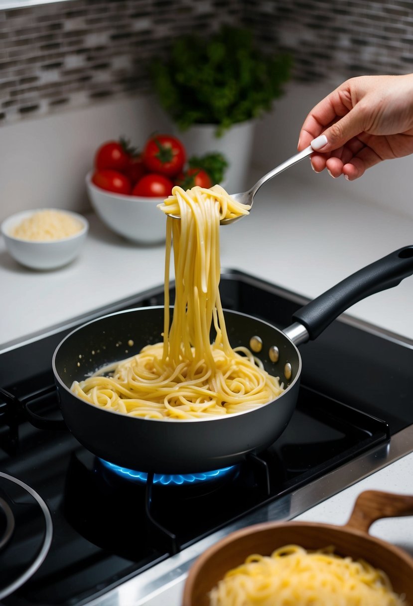 A single serving of Pasta Alla Vodka being prepared in a small saucepan on a stovetop, with the ingredients laid out neatly on a countertop nearby