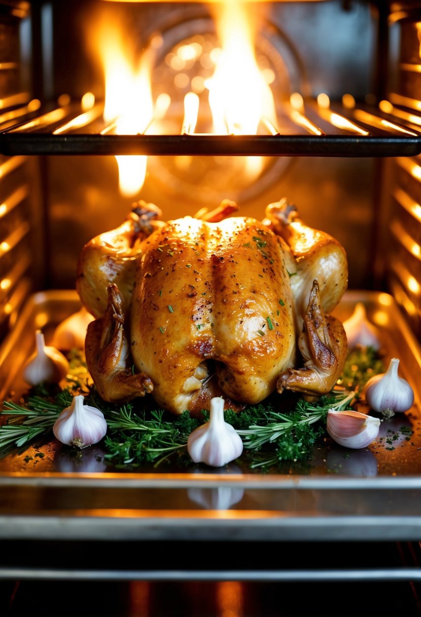 A whole chicken surrounded by garlic cloves and herbs, sizzling in a hot oven