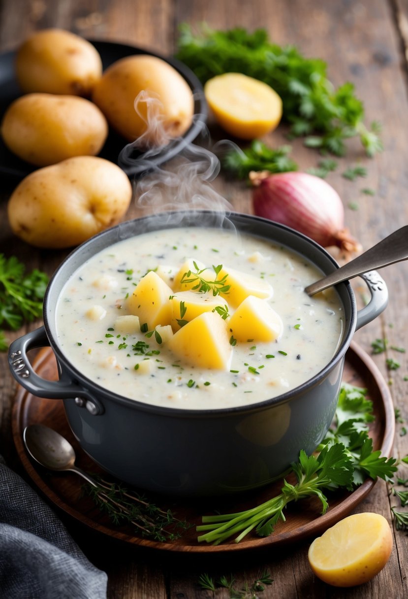 A steaming pot of creamy potato chowder sits on a rustic wooden table, surrounded by fresh ingredients like potatoes, onions, and herbs