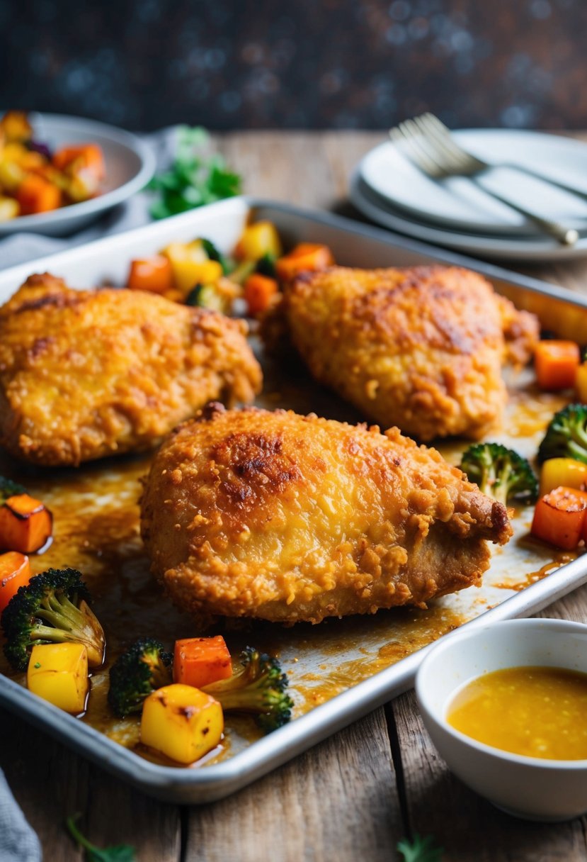 A sheet pan with golden brown oven-fried chicken coated in a savory honey garlic glaze, surrounded by colorful roasted vegetables