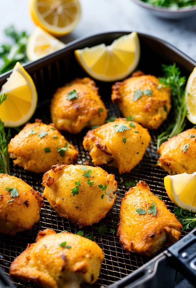 Golden chicken bites sizzling in an air fryer basket, surrounded by fresh herbs and lemon wedges