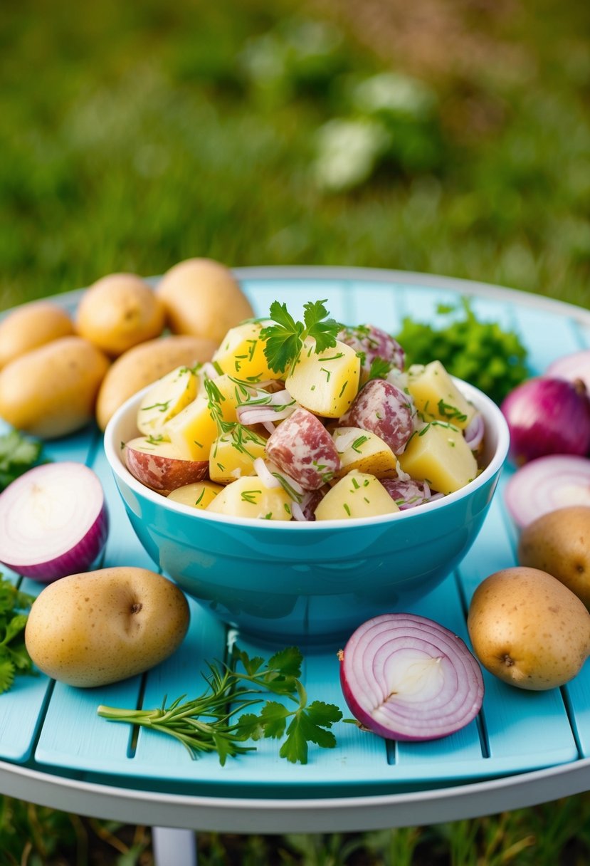 A picnic table set with a bowl of potato salad surrounded by fresh ingredients like potatoes, onions, and herbs