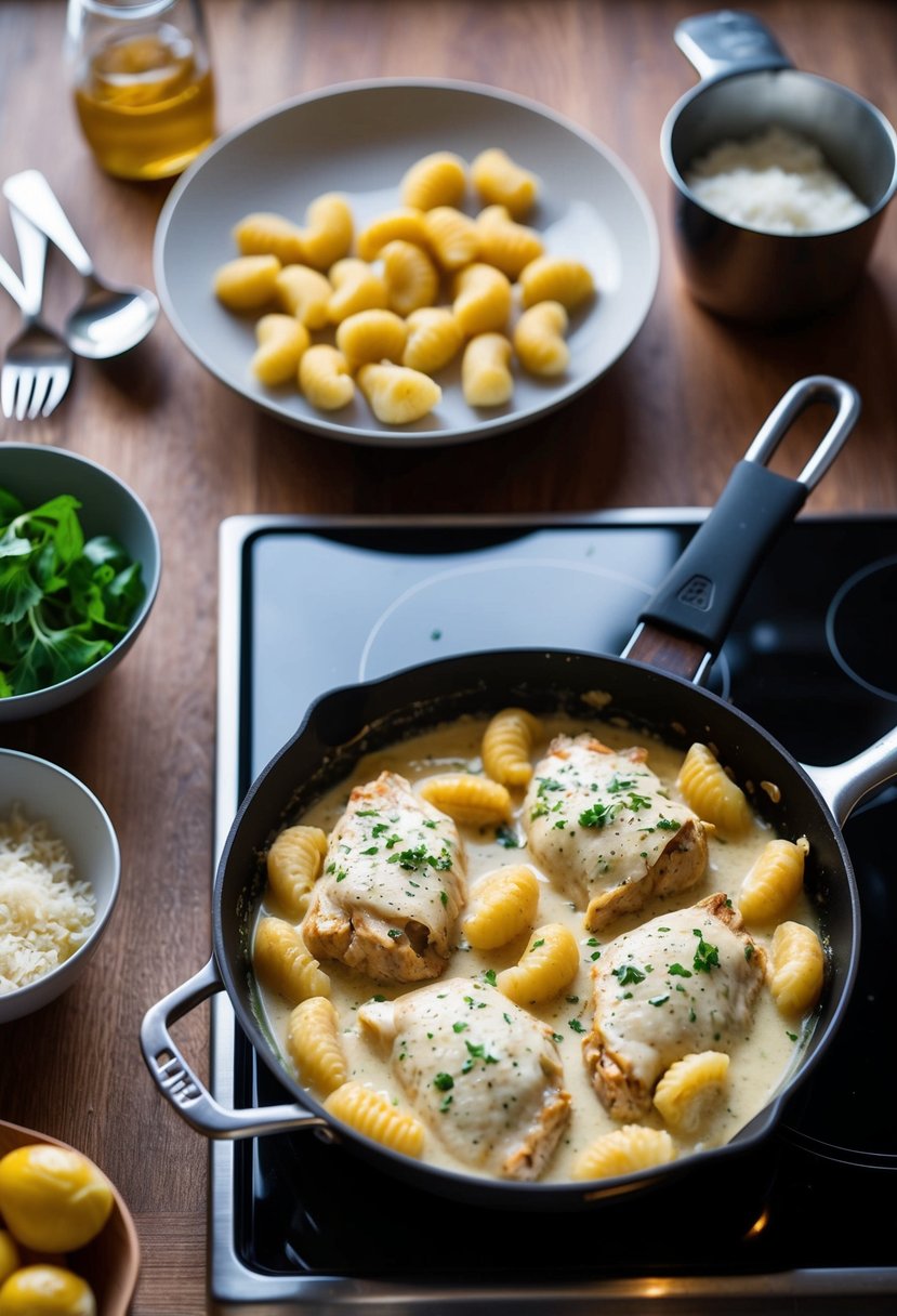 A single skillet with creamy chicken and gnocchi cooking on a stovetop. Ingredients and utensils scattered around