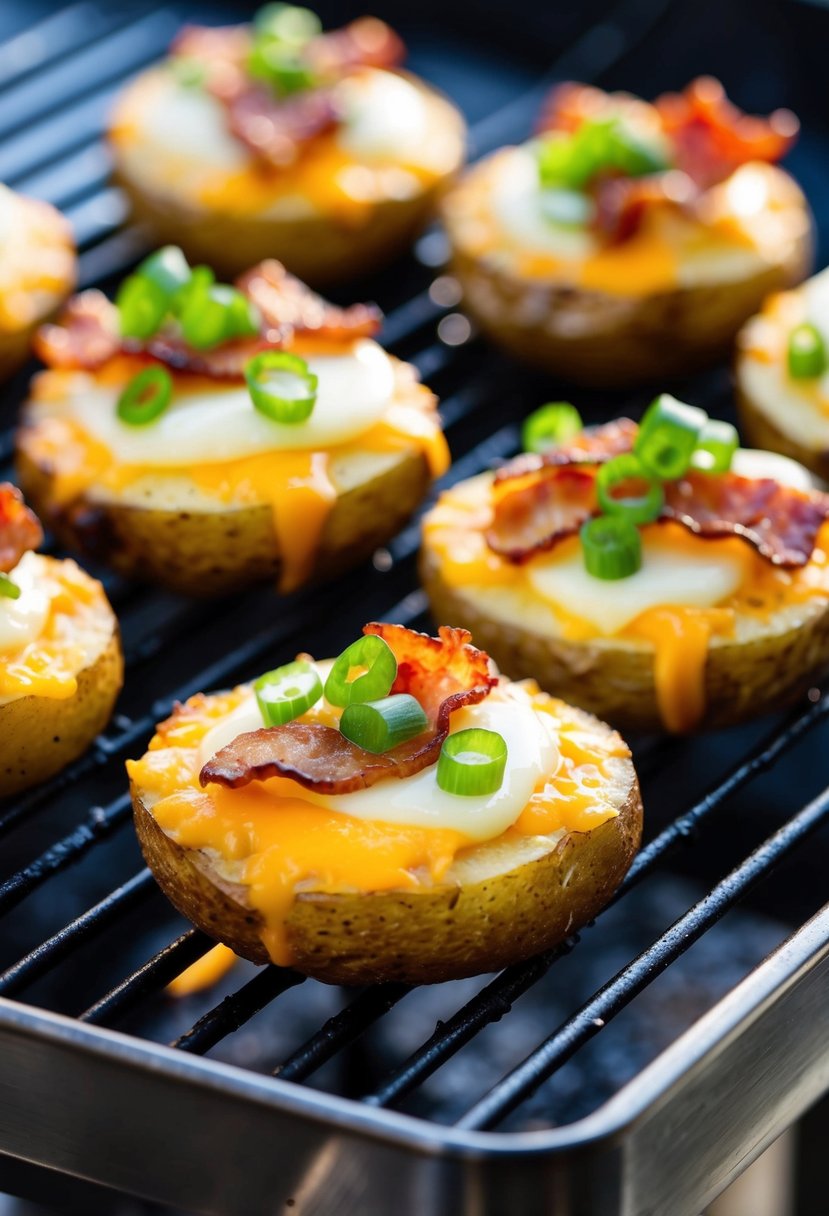 Potato rounds sizzling on a grill, topped with melted cheese, crispy bacon, and green onions