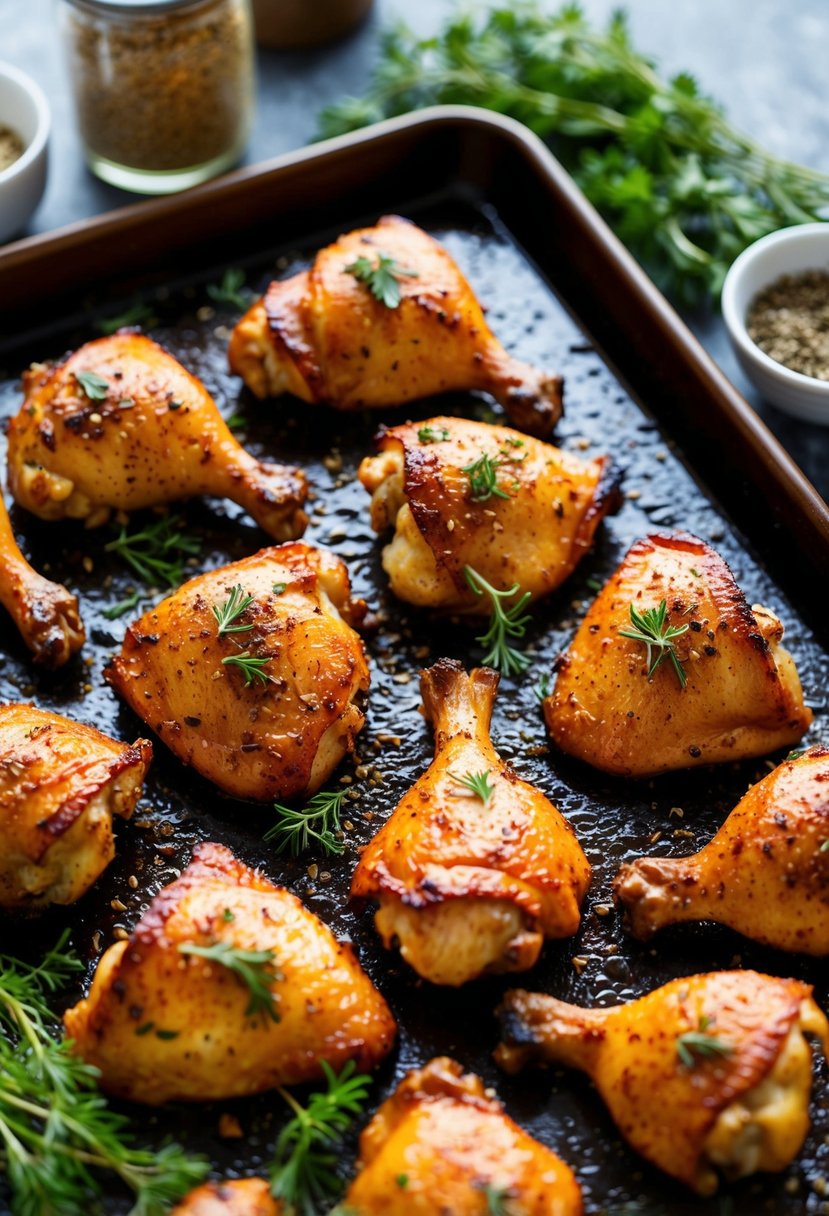 A sizzling oven tray with golden brown BBQ seasoned chicken pieces surrounded by aromatic herbs and spices