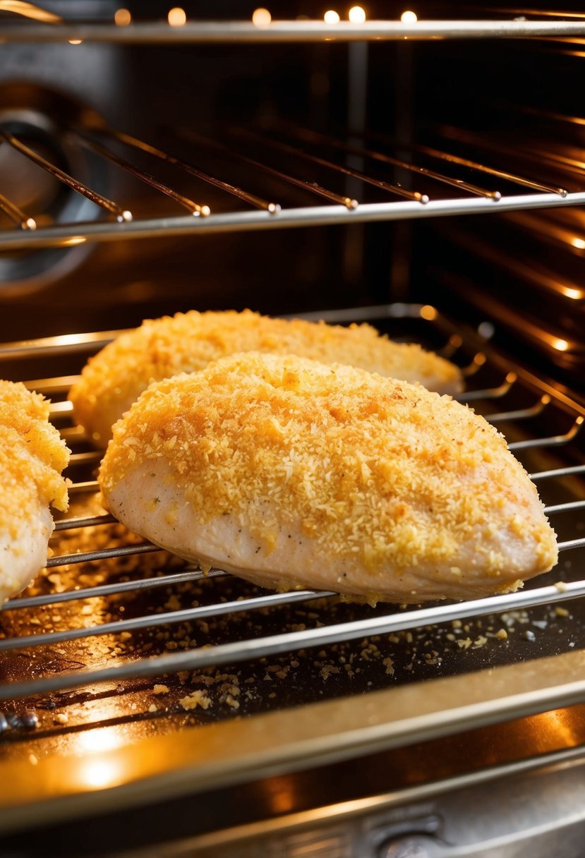 A golden-brown chicken breast coated in flaky parmesan crumbs sizzling in the oven