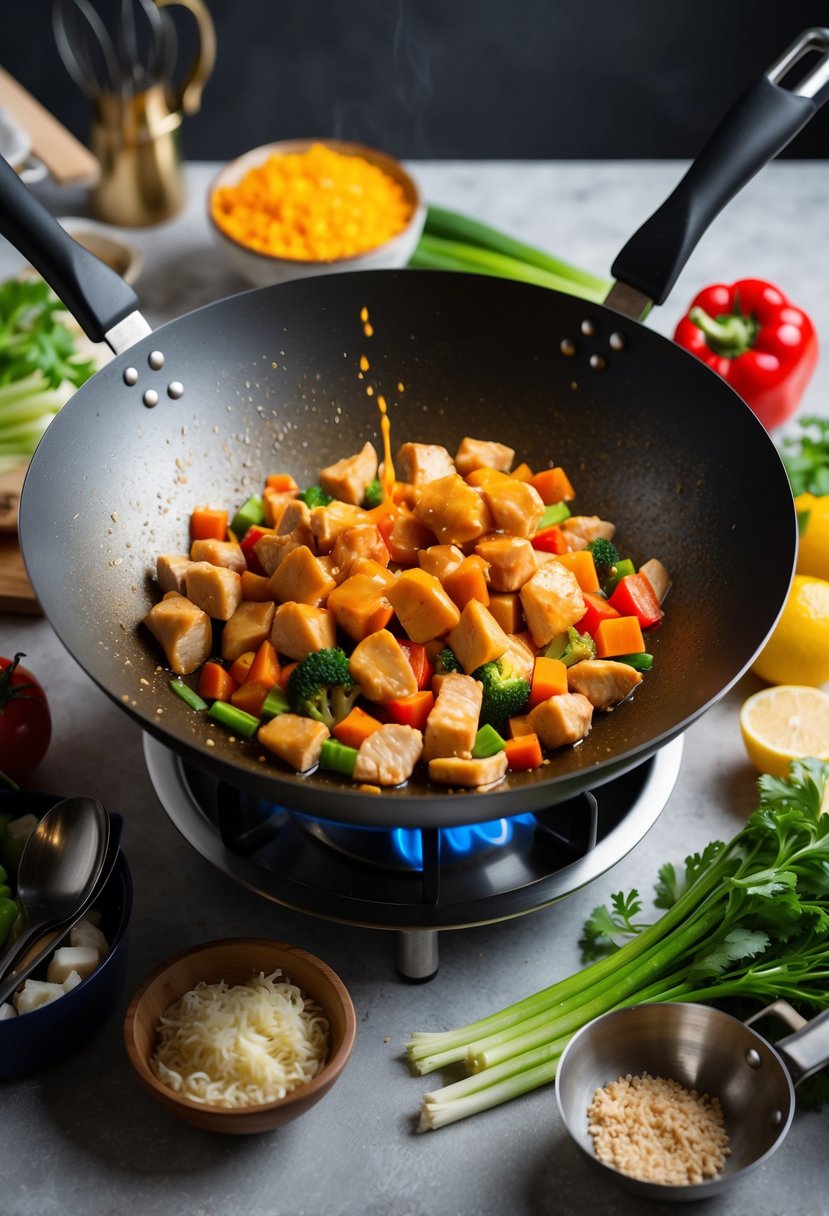 A sizzling wok with diced chicken, colorful vegetables, and a splash of sauce, surrounded by fresh ingredients and a set of cooking utensils