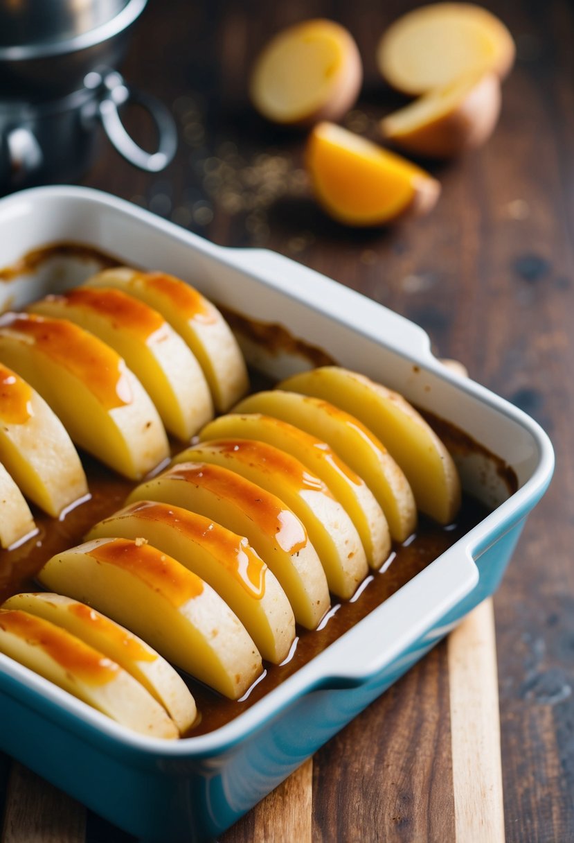 Sliced potatoes layered in a baking dish, covered in a caramelized glaze, ready to be placed in the oven