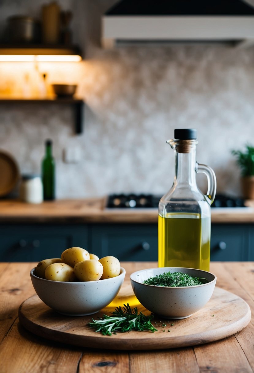 A rustic kitchen counter with a bowl of potatoes, a jar of olive oil, and a sprinkle of fresh herbs